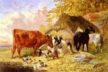 horse cats Painting - Horses Cows Ducks and a Goat By A Farmhouse John Frederick Herring Jr horse